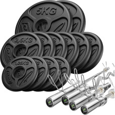 Marbo Sport 65 kg komplekts | Olimpiskais 180 cm stienis + Olimpiskais 120 cm vieglais lauztais stienis + 2x Olimpiskais 50 cm īsais stienis + Olimpiskie svari 2x5kg, 6x2,5kg, 4x1,25kg - Marbo Sport