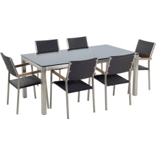 Beliani Zestaw ogrodowy szklany czarny i 6 krzeseł rattanowych czarnych GROSSETO