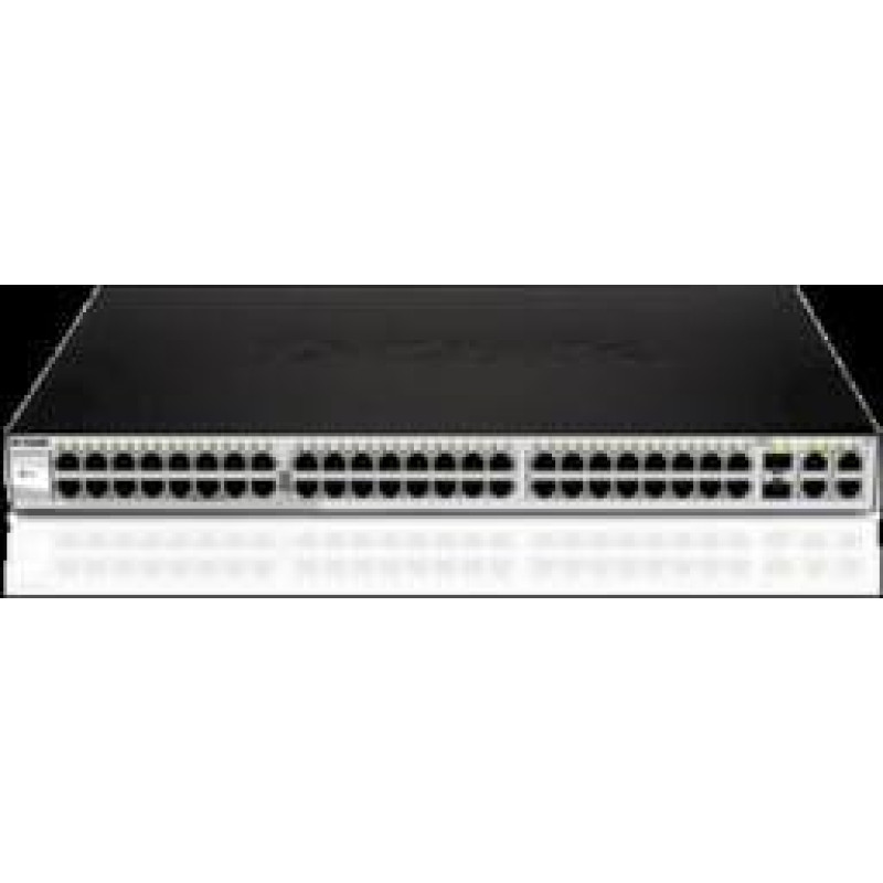 D-Link DGS-1210-52, Gigabit Smart Switch with 48 10/100/1000Base-T ports and 4 Gigabit MiniGBIC (SFP) ports, 802.3x Flow Control, 802.3ad Link Aggregation, 802.1Q VLAN, 802.1p Priority Queues, Port mirroring, Jumbo Frame support, 802.1D STP, ACL, LLDP, Ca