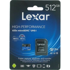 Lexar High-Performance 633x UHS-I  MicroSDXC, 512 GB, Flash memory class 10, Black/Blue, Class: A2 V30 U3, 70 MB/s, 100 MB/s