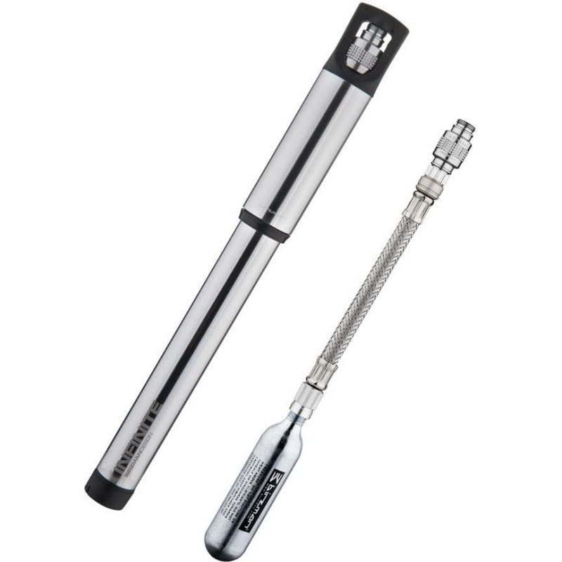 Birzman Pompka ręczna BIRZMAN Infinite Road with CO2 (Presta/Schrader), 160psi/11bar, Długość 255mm, CNC, Srebrna, Naboje CO2 2x16g (NEW)