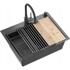 Noname Zlewozmywak QUADRON LUKE 110 WORKSTATION zlewozmywak black metal (58x45x20) z syfonem 1-komorowy b/o + Qmata + Wkładka + Dozownik + Deska + bateria z elastyczną w